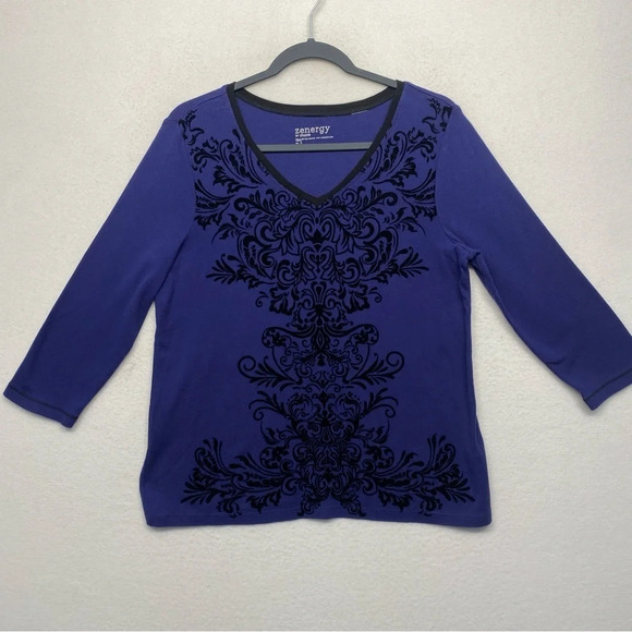 Zenergy Chico’s Blue Blouse 1 / S Embellished Velvet Textured - Picture 1 of 5